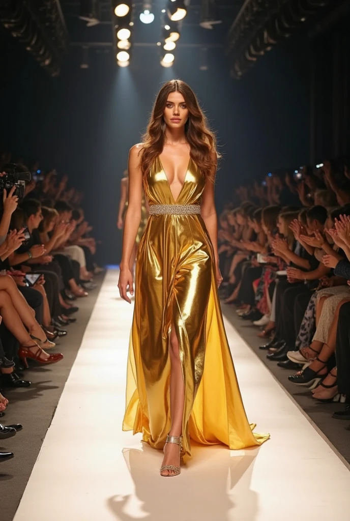 a picture of a parading beautiful ginger model, from below, she has long straight hair, beauty spots, (light freckles:0.9), she is wearing an intricate Versace dress background of a fashion show, runway, catwalk, <lora:xEpi:1>