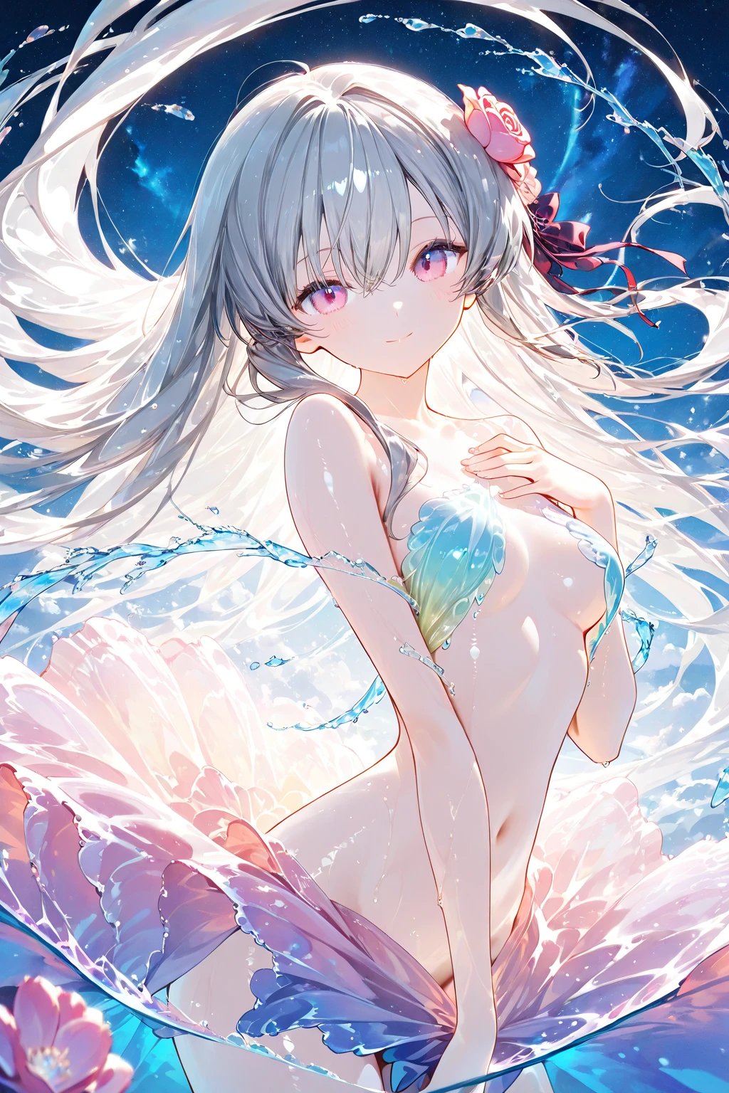 Top quality, masterpiece, watercolor style, female, Rainbow long hair,Rainbow Eyes, transparent feathers, Transparent tulle iridescent swimsuit that allows light to shine through, spectacular splashes of water, sea of galaxies, sea of stars, arms spread out Close-up of running pose, smile, whole body