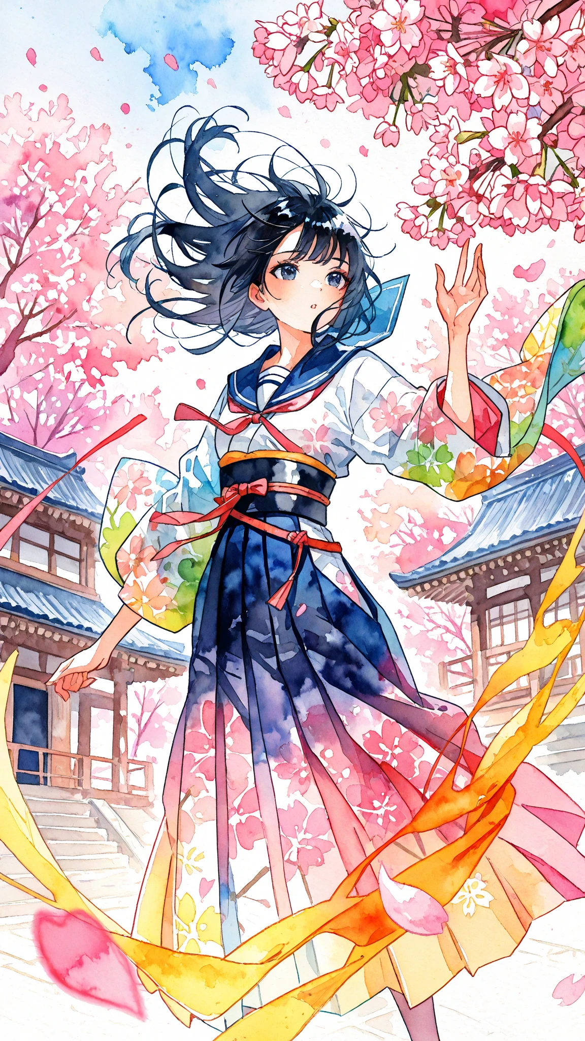 (((Watercolor-style))),(((Watercolor))),((no-outline)),((no- borders)),Blurred,Colorful,1girl, japanese school uniform, kimono elements, hybrid outfit, sailor collar, hakama skirt, long black hair,standing,Beautiful expression, wind blowing hair, traditional Japanese architecture, cherry blossoms falling, dramatic lighting, sash belt, atmospheric perspective, detailed background, dynamic pose