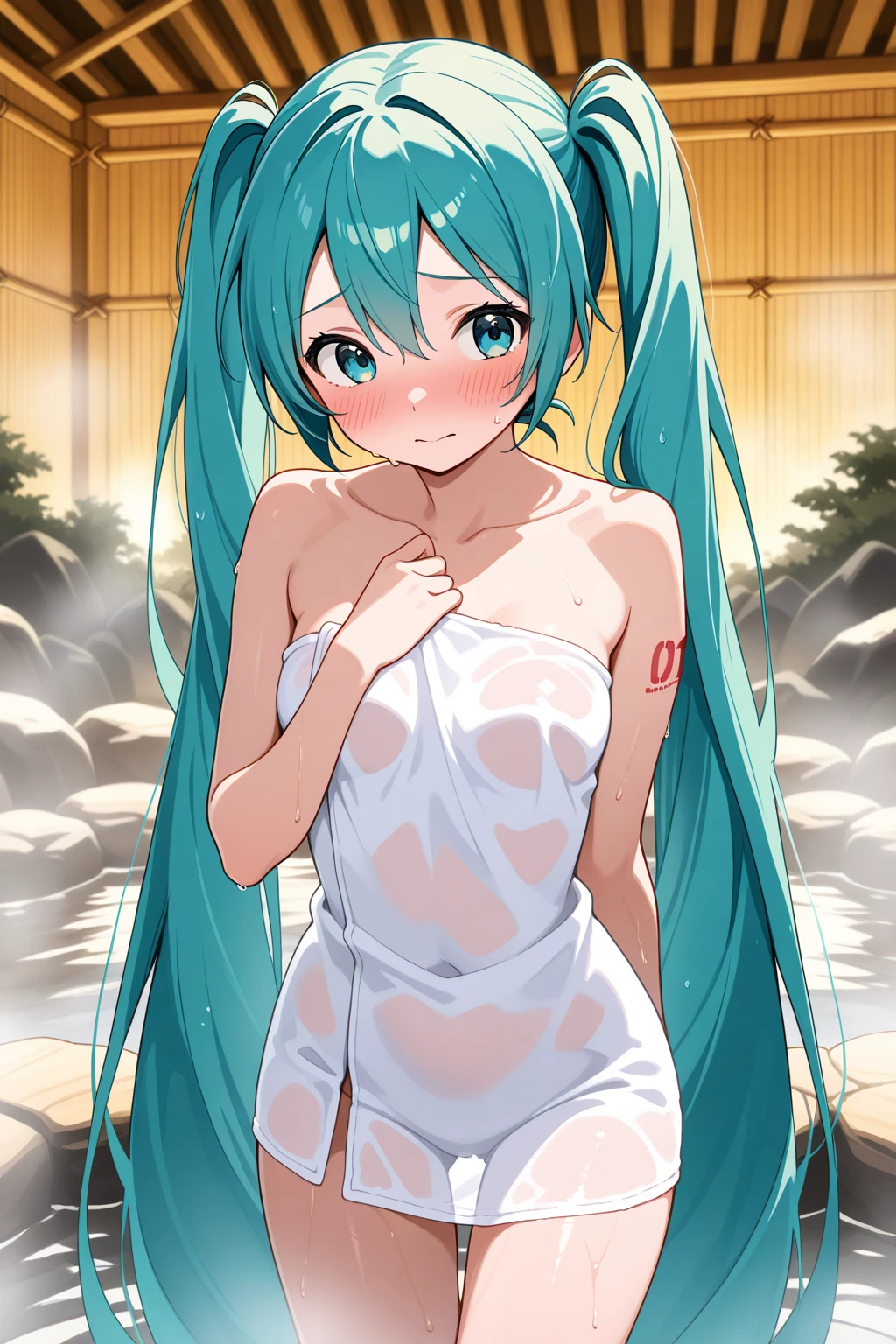 ultra detail, masterpiece, High resolution, cinematic lighting, (((1girl, Perfect Anatomy, perfect style))), Hatsune Miku, big light blue eyes, very detailed eyes, blue green long hair, (((twin tails))), big square hair accessories, smile, blush, (((Wet hair, wet body))), (((Completely naked))), professional art, Tropical resort pool, Lying, spread legs, 