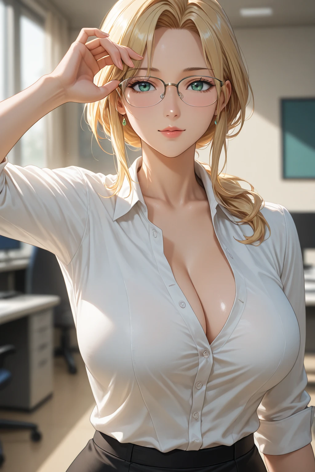 (masterpiece), best quality, expressive eyes, perfect face, front lighting, (inside office with window and city background), (standing), (happy face), (cleavage view), (1girl, Belle Delphine, milf, fair skin, blonde hair, medium length hair, wavy hairstyle, blue eyes, hourglass figure, thin body, skinny body, petite_body, medium breasts, wide hips, thick thighs), (lavender button shirt, long rolled-up sleeves, exposed cleavage, white skirt, jewelry, necklace, bracelets, earrings, eye glasses),