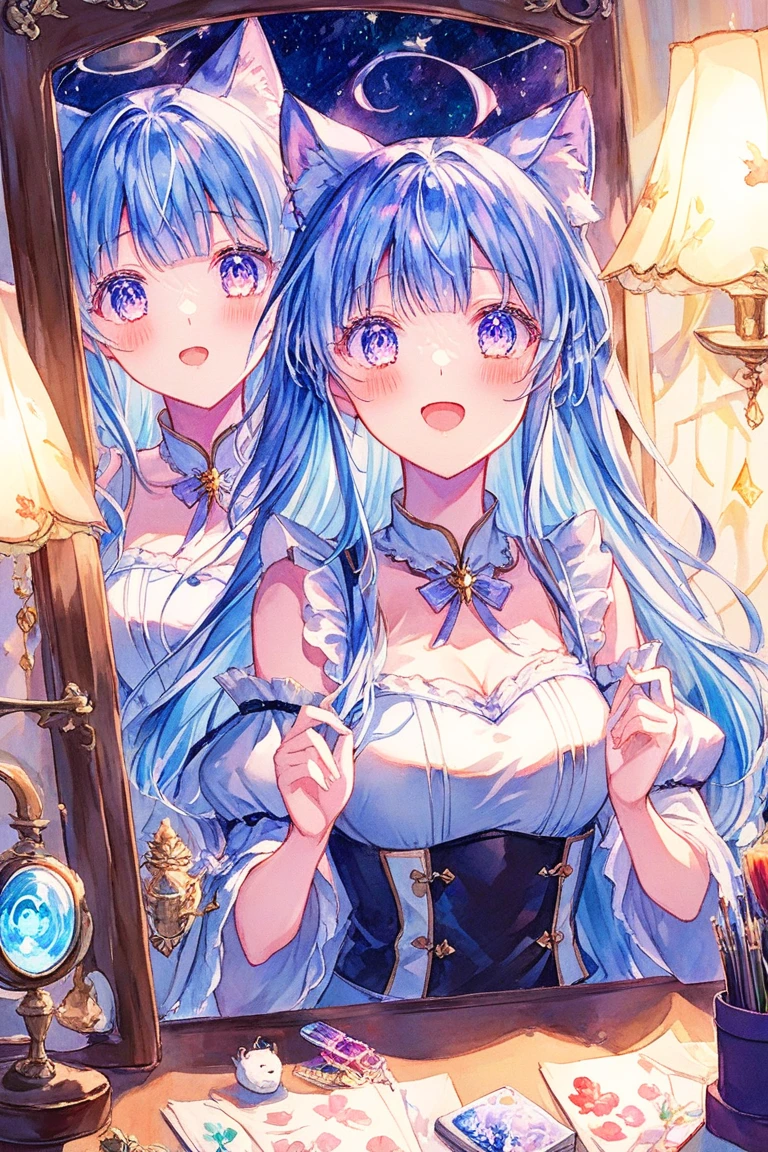 (MASTERPIECE), (Best Quality), (Super Detail), Official Art, One Girl, Lori with pale light blue hair, Petite little girl, Loli, Blue and silver see-through dress, Sleeveless, Off shoulder, Small, Very small breasts, Small, Cleavage, Thigh focus, Navel out, Bare skin in the lower half of the chest, Card illustration, Bedroom