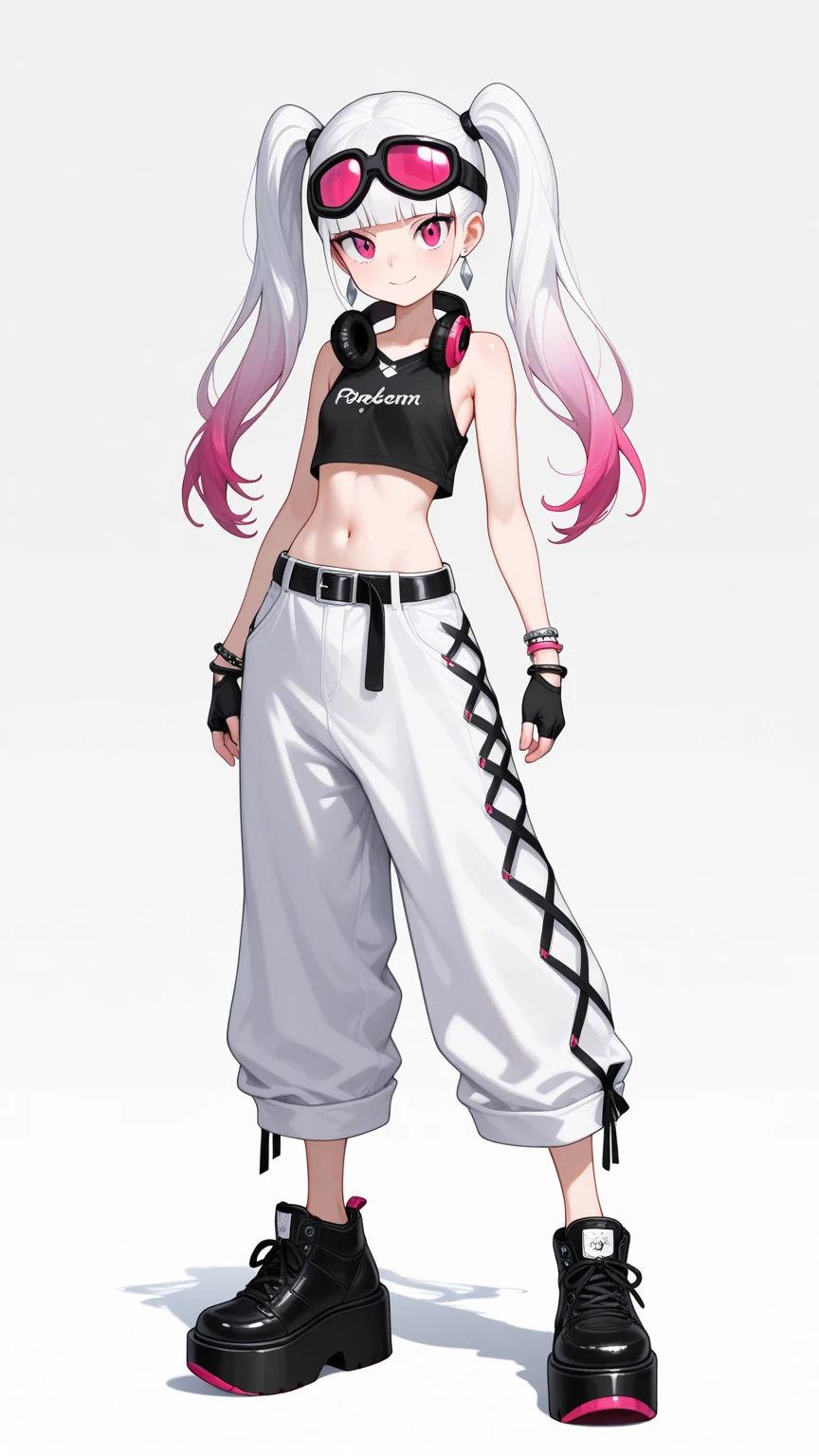 1girl, full body, long hair, hair reaching the ground, middle chest, mittens, crop top, overalls, dark lights,  arms, (shoulder: 1.9), long hair, pure white background, croptop, Kpop Idol, short sleeves T - shirt, hip hop pants, colorful, 1 women's colorful PVC tank top ((movie jamming)), full body, wearing sneakers, beautiful eyes, glitter, accessories, portrait, artwork, c4d, blender, pretty face, black Bottom, 1 piece of women's clothing ((color laser  PVC material)) coat shoes, film interference, full body, beautiful eyes, accessories, portraits, game art, character concept design, beauty, white bottom, masterpiece, Top Quality, high quality, High resolution {beautiful detail eyes: 1.4}, (super fine detail), (extremely detail detail beauty: 1.2), (delicate beauty cute face: 1.3), glowing eyes,