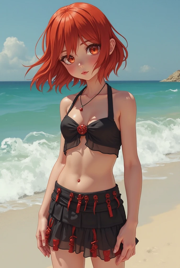 masutepiece, Best Quality, High resolution, Ultra High Resolution, depth of fields,1girl in, Red Eyes, Red hair, ((Bob Hair)), (triangle bikini:1.2), small breasts, naked, exposed skin, wet skin, (sea)