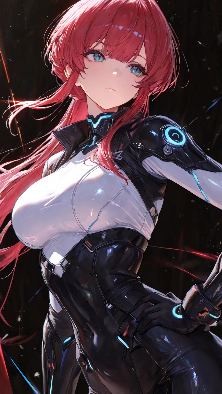 upper body, 1girl, (complex ultra detailed of a demon woman, small breasts, muscles, (wearing see-through holographic prismatic latex exoskeleton trenchcoat:1.5)), (solo) (1girl), (beautifully drawn face:1.2), intricate details, glowing red eyes [boku no hero academia], evil smile, (long red hair ponytail:1.3), dynamic pose, BREAK
(dynamic pose in damp complicated basement full of computers and wires and screens and machinery:1.3) stained glass nails BREAK
illustration, ((masterpiece:1.2, best quality)), 4k, ultra detailed, octane render, directional lighting, realistic shadows, volumetric lighting, highly detailed, high quality, solo, (sketch:1.2) (style-keta:0.78), (qrx:0.51),gbf <lora:epiNoiseoffset_v2:1.7> dark studio, rim lighting, two tone lighting, dimly lit, low key,