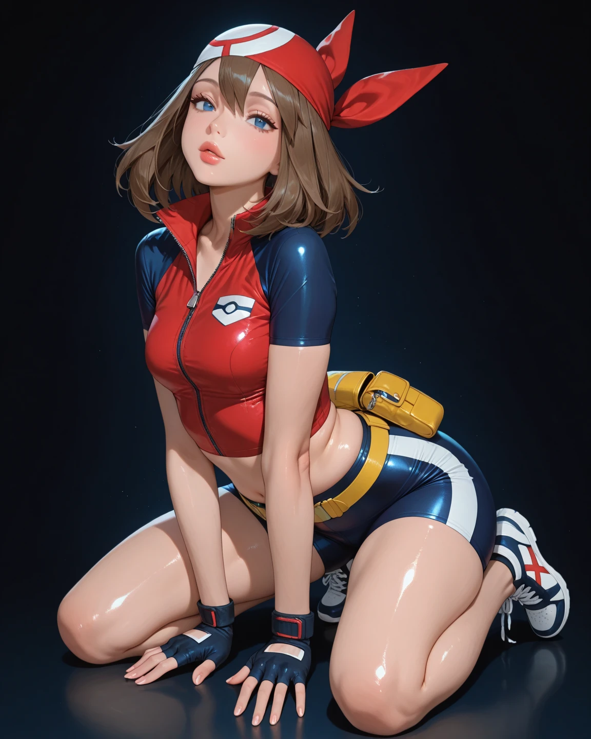 (masterpiece), best quality, expressive eyes, frontal pose, smile closed, perfect face,portrait face , Brown eyes, Eve, Short bob haircut, Stellar blade, Fringe hair, Athletic body, Ponytail hair, unreal engine skin:0.3,blushing cheeks:1.4, tight breast, looking at viewer,, cyberpunk bedroom, night, neon glow spothlighs in the walls, (snapback hat, Red hoodie ,hip hop clothes)