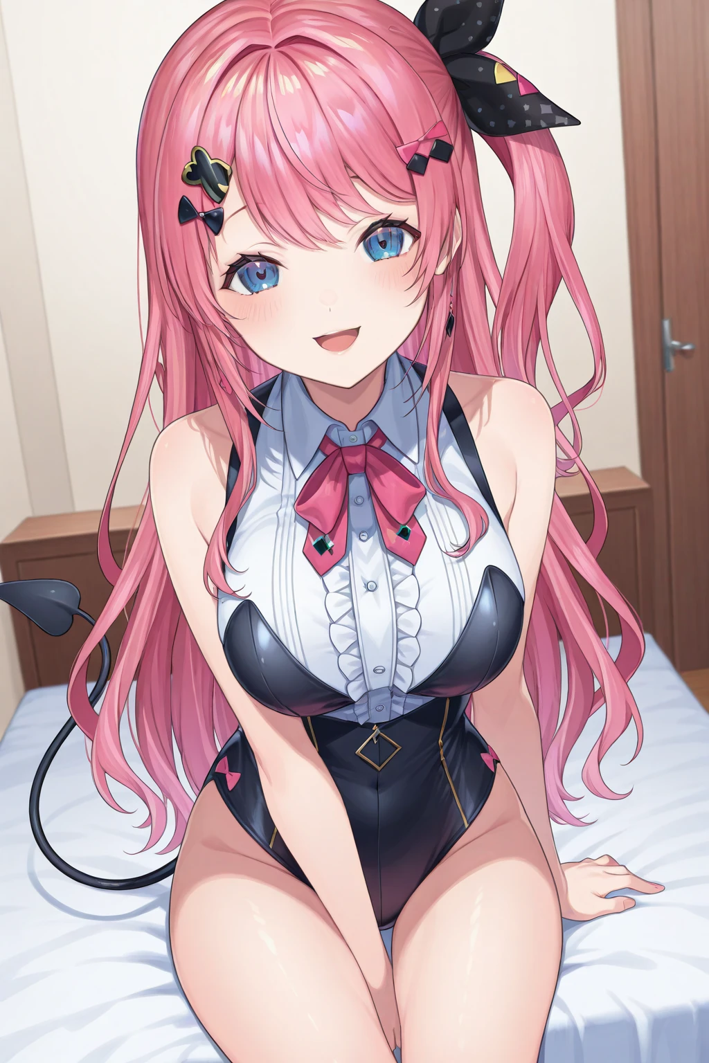 (8K, top-quality, masterpiece:1,2), (reallistic, Photorealsitic:1.37), Super Detail, One girl,), (Highly detailed), (beautifully detailed eyes), (of the highest quality), (super detailed ), (masterpiece), (Detailed face),20yr old, ,1 girl, ((pink hair,Very long hair)), medium breasts, clothed, Perfect Lighting, (smile:1.3), BREAK (black and red and white gradient rubber suit:1.4, Lots of embroidery ) ,(Gloss: 1.5), (coloful tights: 1.5), fitted silhouette, waistline accentuated, (pink high heels:1.3), simple accessories, choker, bracelet, (Lots of crests:1.5), ((chain, handcuffs, big dog collar:1.3)), (big dog collar:1.4), BRAKE (on all fours:1.5), (chest emphasized:1.5), against a background of a sophisticated interior space with glossy accents and bright colors. Illuminate the scene with soft pink light, gently enveloping the subject, enhancing the sensual ambiance.

