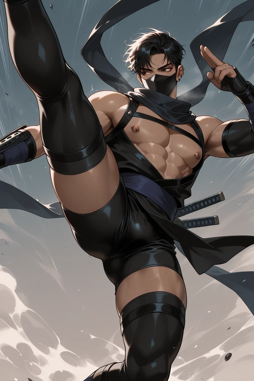 Male arab warrior, medivial, black balaclava, black bandage, black clothes, thin waist, skinny body, femboy, light skin, makeup, black eyeliner, big eyelashes, black eyeshadow, metal choker,  light tanned skin, doggy style pose 