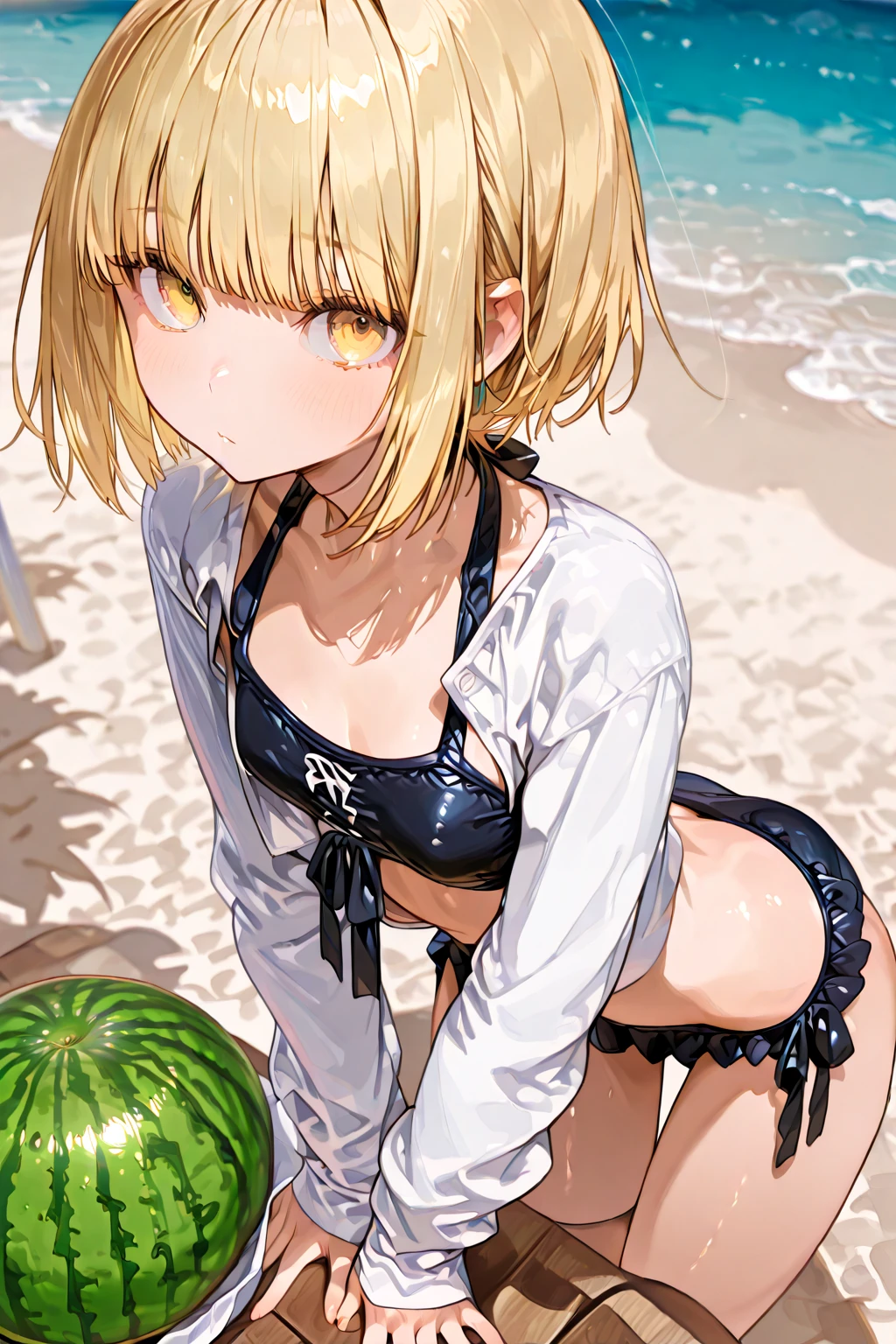 、(masterpiece、Highest quality)、Highest quality, Ultra-high resolution, (((masterpiece))), alone, Sweat、Big eyes, Composition from the front、Shortcuts、Embarrassed face、Bronze colored hair、Cut your hair short、Ocean、beach、Black Micro Bikini、belly button、short hair