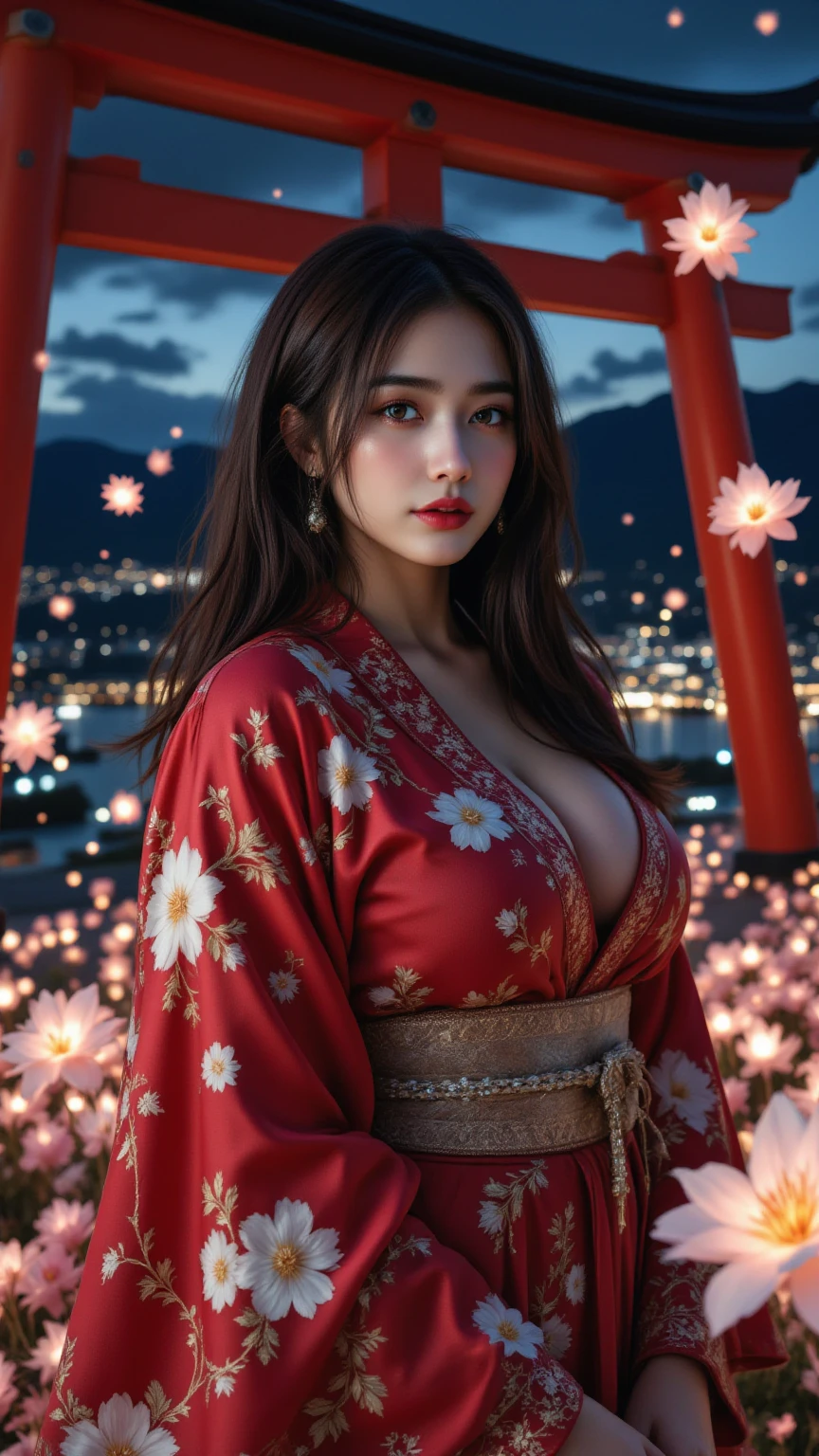 score_9, score_8_up, score_7_up, score_6_up, score_5_up, score_4_up, ultra detailed, 1girl, red kimono, off shoulder, solo, black hair, mid parted hair, long hair, heart, curvy, solo, sultry look, romantic sunset, surrounded by red flowers in a flower meadow, river, cherry blossom, moonlight, dynamic pose expressiveH