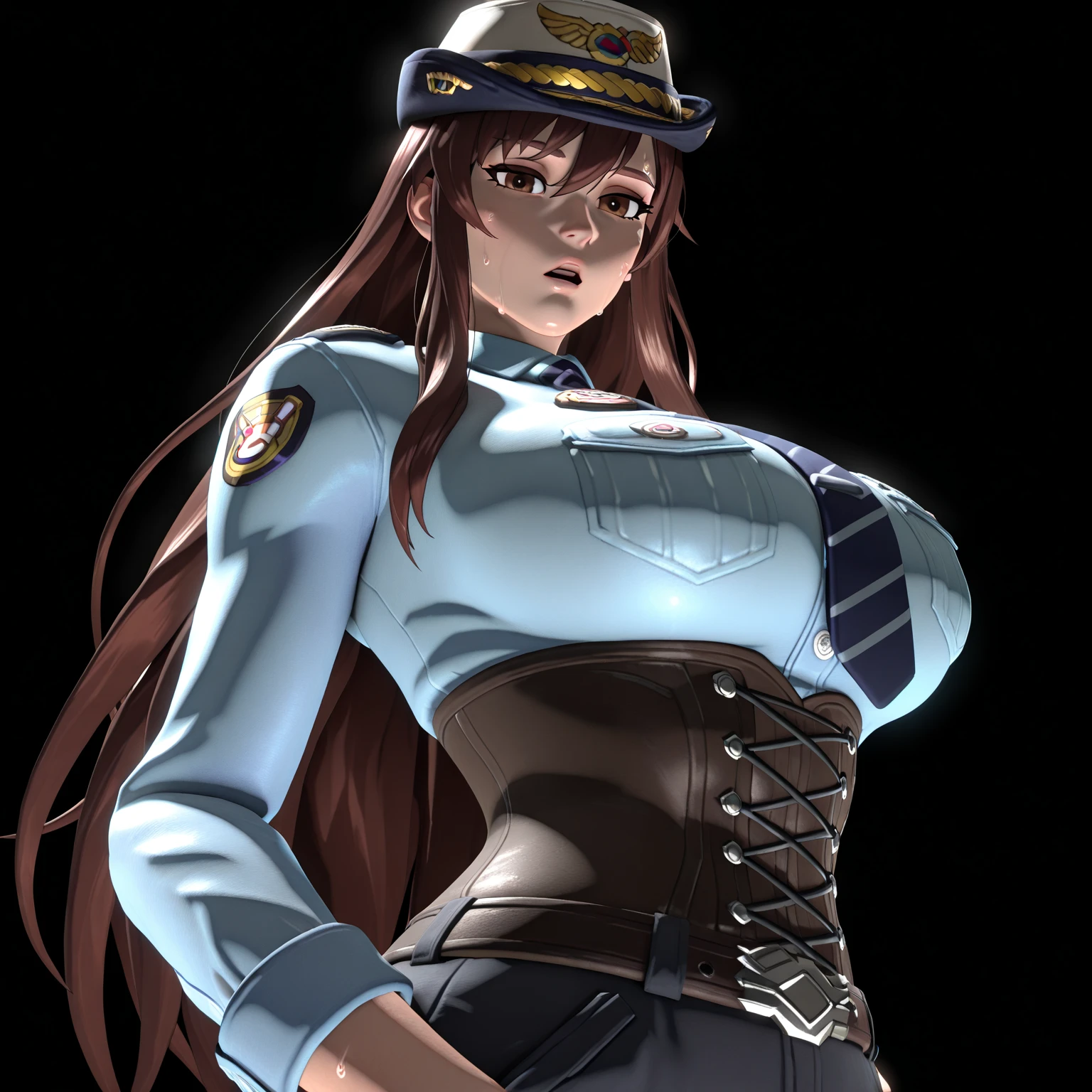 1girl, solo, erza scarlet, fairy tail, red hair, brown eyes, long hair, looking at viewer, serious, closed mouth, sidelocks, dollsuit, (huge_breasts:1.3), saluting