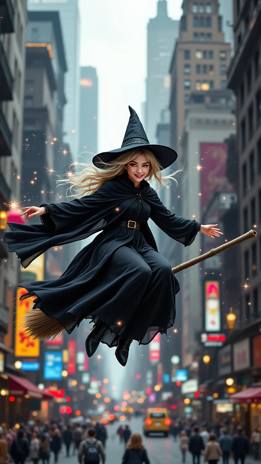 a young witch with long hair is flying on a broom over the city, black dress, disney style, high resolution, fine details, studio light, 8k, octane rendering
