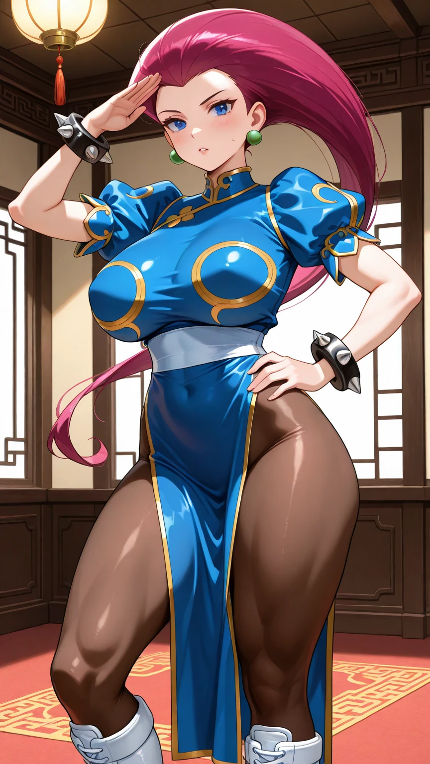 Eve wearing Chun Li's costume, Stellar Blade, large breast, thick thighs, muscular, curvy body,1girl,solo,heavy makeup,cute,earrings,ring braid,(lewd smile:1.1),holding mechanical sword,ponytail,idol,hooker, Chun Li's uniform,(battleground:1.1),
