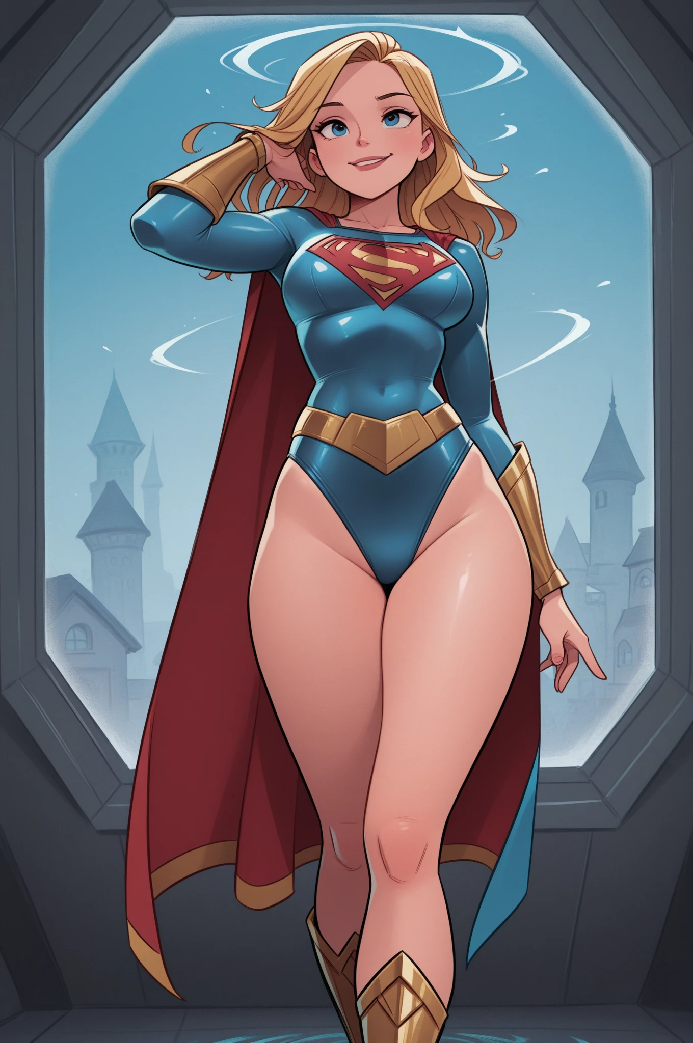 a woman in a superman costume flying through the sky, supergirl,(masterpiece),Red upskirt no panties with exposed Pussy, NSFW, Bubble Butt, With Tattoos, Fair Skin, Perfect face, Genuine Smile, Model, Pose Variations, Long Blonde Hair, Blue Glittering Eyes, Super Girl Costume, Super Girl Outfit, extremely detailed, by stanley, (aroused, pussy_juice_trail:1.3)
Plain Background,