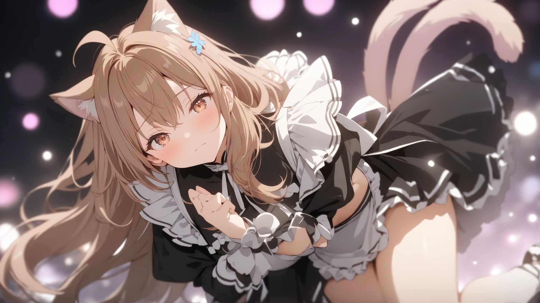 Masterpiece, highest quality, highly detailed CG Unity 8k wallpapers, female anime character art in neon maid outfit. She wears a maid uniform with a neon flower pattern that shines in purple. This scene with long flowing hair has a nice soft focus effect, highlighting the magical glow of the tattoo. Please take a prayer pose. In the background are night cherry blossoms shining in pink neon lights. Bokeh photography, (soft focus): 1.2, out of focus highlights, dreamy atmosphere, glowing circles, mesmerizing depth, depth of field, maria mikhailovna kujou (roshidere), medium hair, brown hair, ahoge, hair between eyes, hair ornament, brown eyes,1girl,solo, maid uniform, cat ears, cat tail, fuzzy, masterpiece, best quality, amazing quality, very aesthetic, absurdres ,optimal quality,ultra detail,high quality, cute look, glossy skin, glossy thighs, blushing, belly button, high resolution background