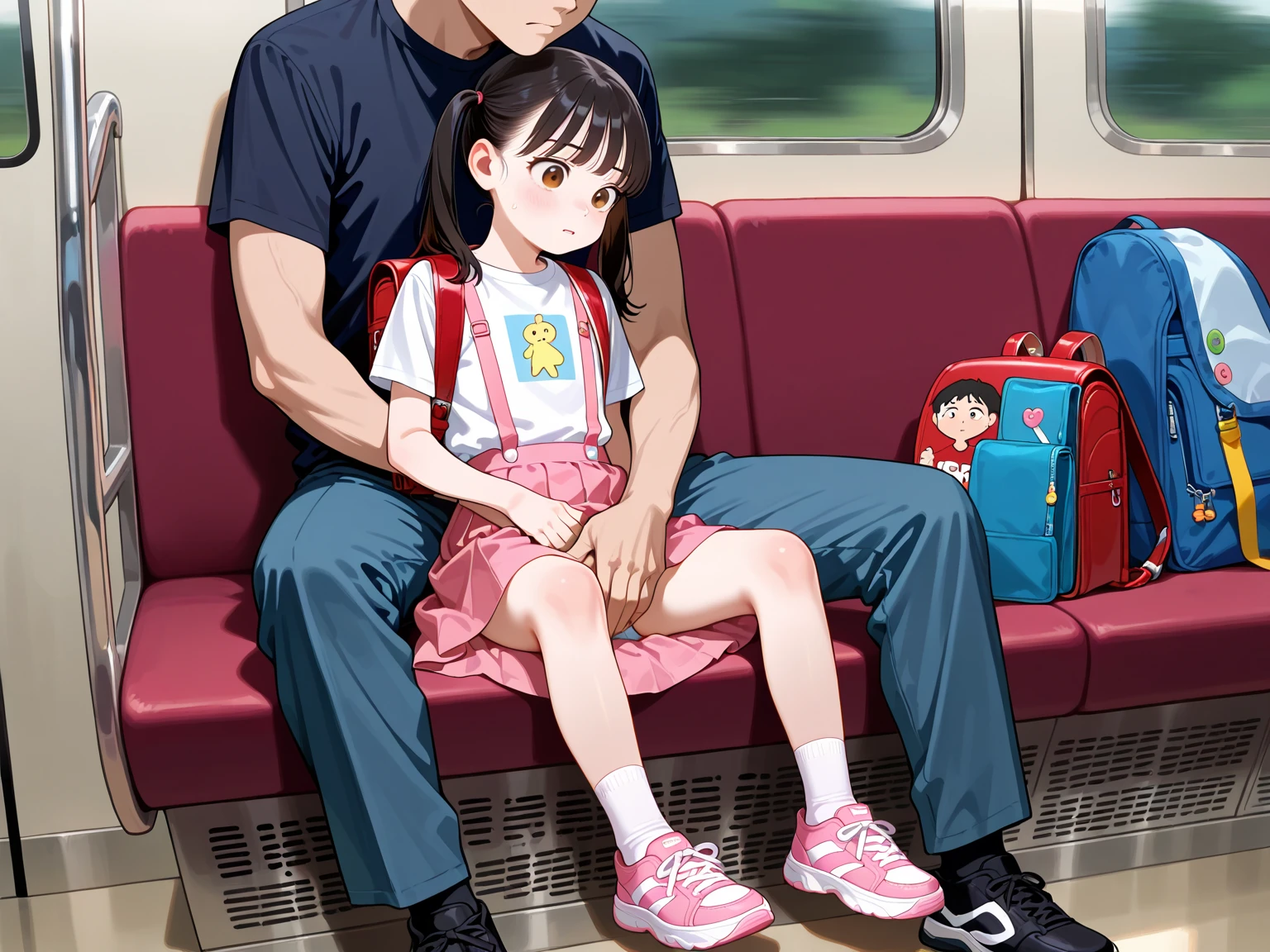 pov, isabella, sitting, looking at viewer, inside a train, pink tight dress, pink ribbon, black hair, white short sleeves, belt, blue eyes, dick flash, penis, blushing, white socks, pink shoes, crossed legs, foreskin, from below, hairy penis