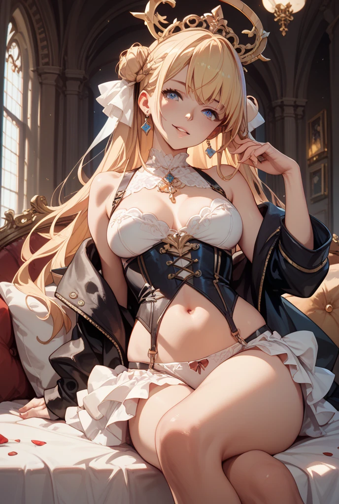 ((masterpiece, Highest quality, Very detailed)), anime CG,
NSFW,
One girl, 20 years old, gyaru, gyaru-style makeup, BREAK ((brown skin:1.3)), ((tanned skin:1,3)), ((blonde)), Long Hair, blunt bangs, wavy Hair, BREAK ((grey eyes:1.3)), ((slant eyes:1.3)),((thick thighs)), medium breasts, ((lots of pierced earrings, silver chain necklace, silver bracelet)), ((bare belly button, belly piercing)),
BREAK looking at viewer,
cowboy shot,
evil smile, ((open mouth)), ((tongue out)),
random porn pose,
BREAK white bunny ears, fake bunny ears, white garter stockings, bow tie, wrist cuffs, ((white cropped corset)), ((cleavage)), ((white high leg bottoms)),
BREAK Seductive bar interior, dim red lighting, luxurious decor, velvet upholstery, crystal chandeliers, polished wood bar counter, elegant glassware, Luxurious sofa, high-end furniture, velvet upholstery, ornate wooden frame, tufted cushions, gold accents, intimate atmosphere, high detail, wide-angle shot,