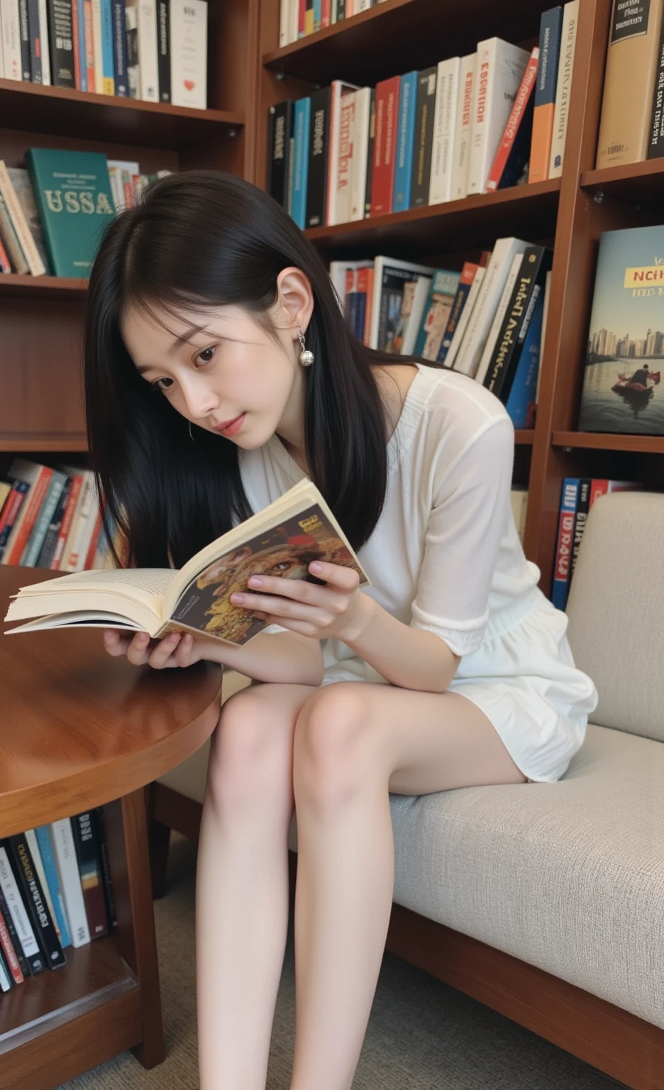 photorealestic,Pure,Beauthful,Full body photo,D-cups,Sit cross-legged,looking at book,Cover your with a book,nakeness