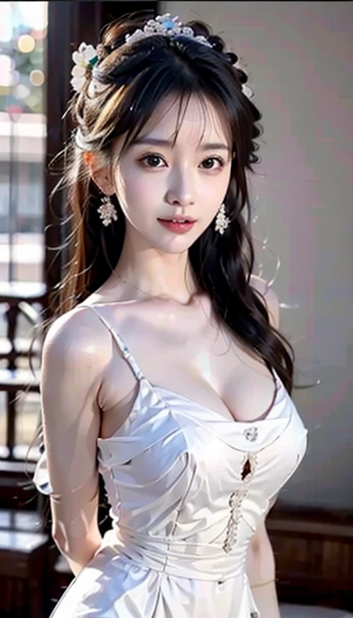 Casual pose, (extremely delicate and beautiful work), (masterpiece), 1girl, girl in white dress, high detail, waist leakage, ponytail twist, feminine expression, clear and beautiful eyes, turquoise pupils, delicate necklace, delicate earrings, fairy ears, simple bokeh background, extreme detail description, absolutely beautiful and charming, super fine painting, delicate face, delicate body, delicate collarbone, cute lips, big breasts, bikini, beautiful breasts, soft back, mix4, (8k, RAW photo, best quality, masterpiece: 1.2), (fidelity, fidelity: 1.37), 1girl, cute, cityscape, night, rain, wet, professional lighting, photon mapping, radiosity, physically-based rendering,