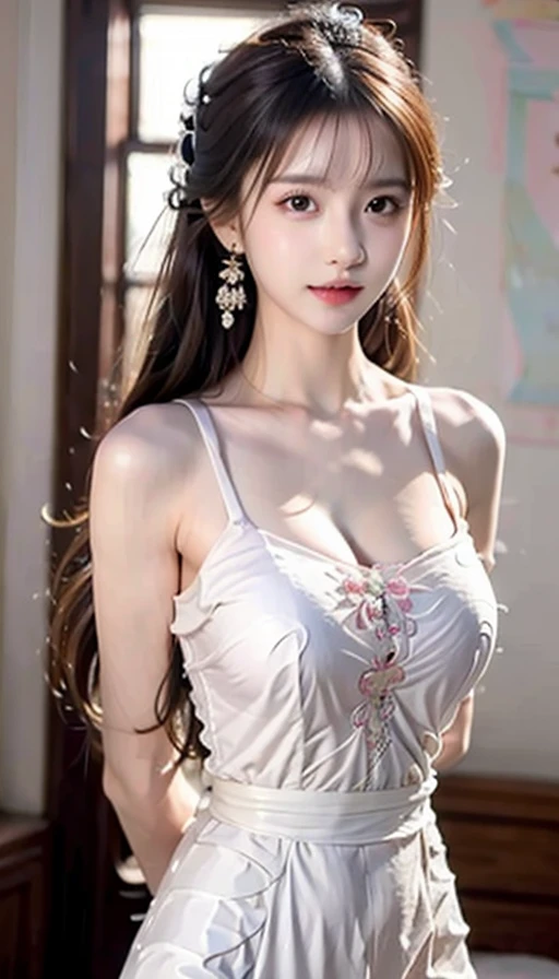 1 young empress wearing red lace top, deep-breasted nightgown, Chinese-style clothes, ancient costumes with many phoenix patterns, flawless white and pink face, crown on her head, black hair hip length, very beautiful and sharp brown eyes, small red lips, painted lips, charming smile, jewelry worn around the neck, earrings, white and even teeth, high nose, big round breasts, elongated legs, thin mesh black socks, portrait, most realistic, highest quality, best pixels, 8k ultra,