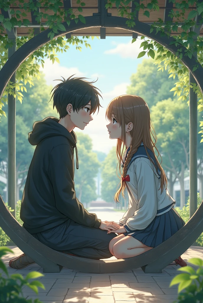 A boy and a girl with a relationship in the school seating on a bench and students are walking and the boy  and girl holding their hands and kissing each other 