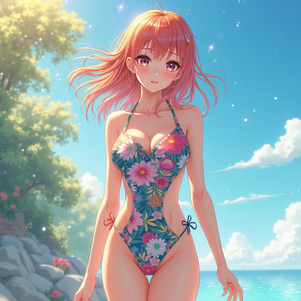 young girl, with long red hair, green eyes, wearing a pink bikini with white and yellow flower patterns, red hair tied in twintails yellow and red flower hair accessories, yellow sandals with sunflower decorations, 2 red and 1 white flower hair clips, 2 pink and white flower wristbands, Yellow sunflower sandals, The bikini top is a halter top with a pink and white floral pattern. The bottoms are pink with a white floral pattern and have a high-cut leg, small breasts, Beautiful feet, Beautiful breasts, at the shower, sensual pose