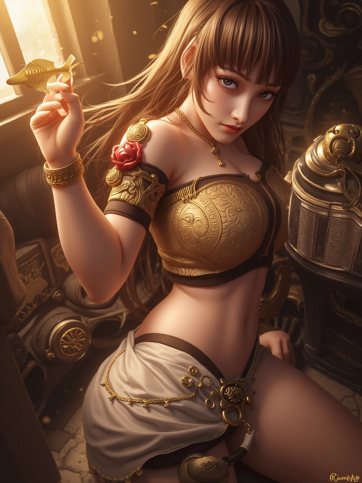 ((high quality face)),((Mucha's style)),(vulgar),(portrait),((African woman)),Tits that are too big,blond hair,pompadour,(arms behind back:1.2),((addiction to sex))((light-armed man warrior)), half sticking out of clothes,(high position:1.6)