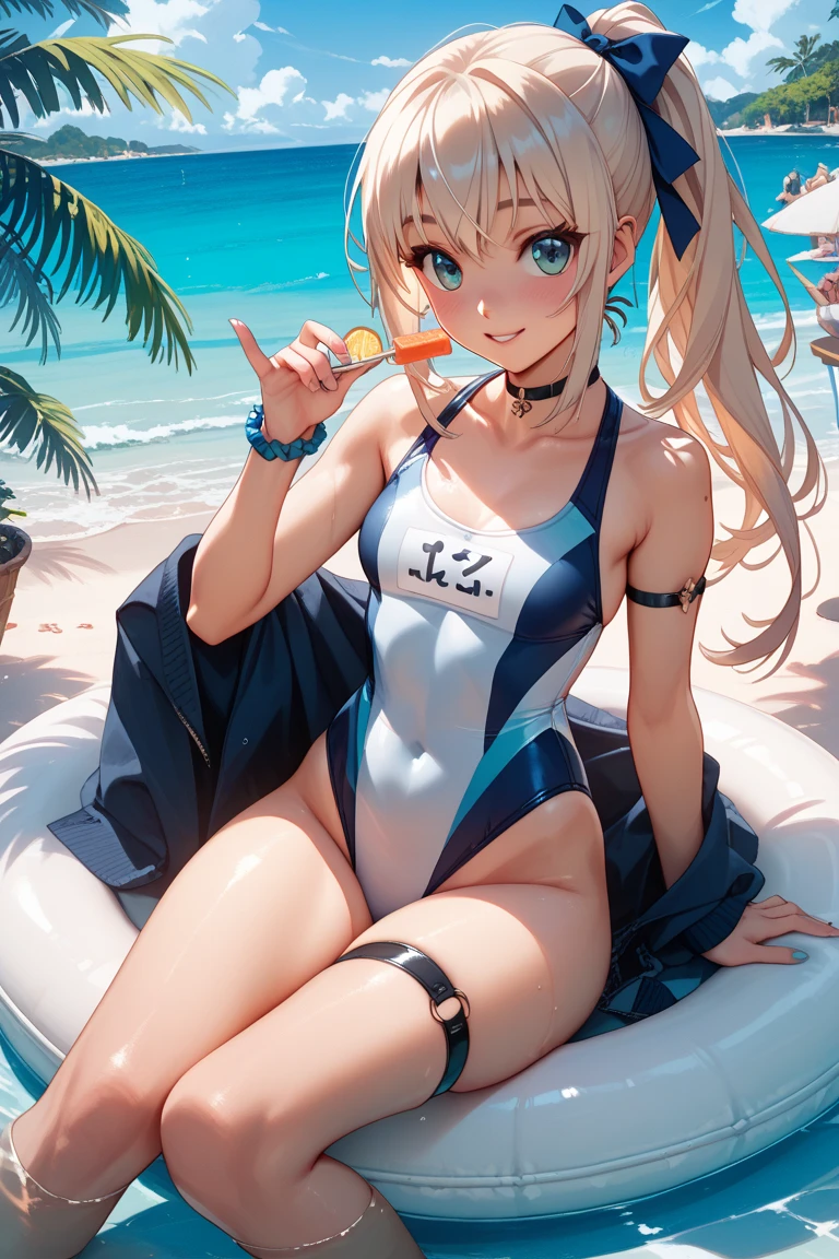 High resolution,Sharp focus,(Super detailed,Very detailed),(Very detailed CG unity 8k wallpaper),(((Vibrant colors))),{best illustration},
Iooiklas,Platinum Blonde Hair,Twin tails, hair ornaments,
Complex eyes,Beautiful fine details,Symmetrical eyes,Big eyes:1.5,Seductive eyes, (((dark skin,dark_skin,lustrous skin:1.5,bright skin: 1.5,
skin tanned, shiny skin,very shiny skin,Shiny body,plastic glitter
skin,exaggerated shiny skin,illuminated skin))),
(Detailed body),(Detailed face)), cute,Lewd,erotic,Bold,Camel Toe,
small breasts,Revealing clothing,show skin, Black see-through high leg one piece swimsuit, smile, Open your mouth,wet skin, (Flying debris, 超High resolution),Wear an iridescent aura,
Invisible Light, Amazing shine, Neon orange glow, The colors of another world,Bright colors, Ghostly Effects, ((swimming in the sea)), swim,Look Up,
Cumulonimbus, Surrounded by water, reflection,Breathtakingly beautiful clouds,Light,Dazzling Light,Cinematic Light.Coconut Tree, Marine blue sea,White sand beach,