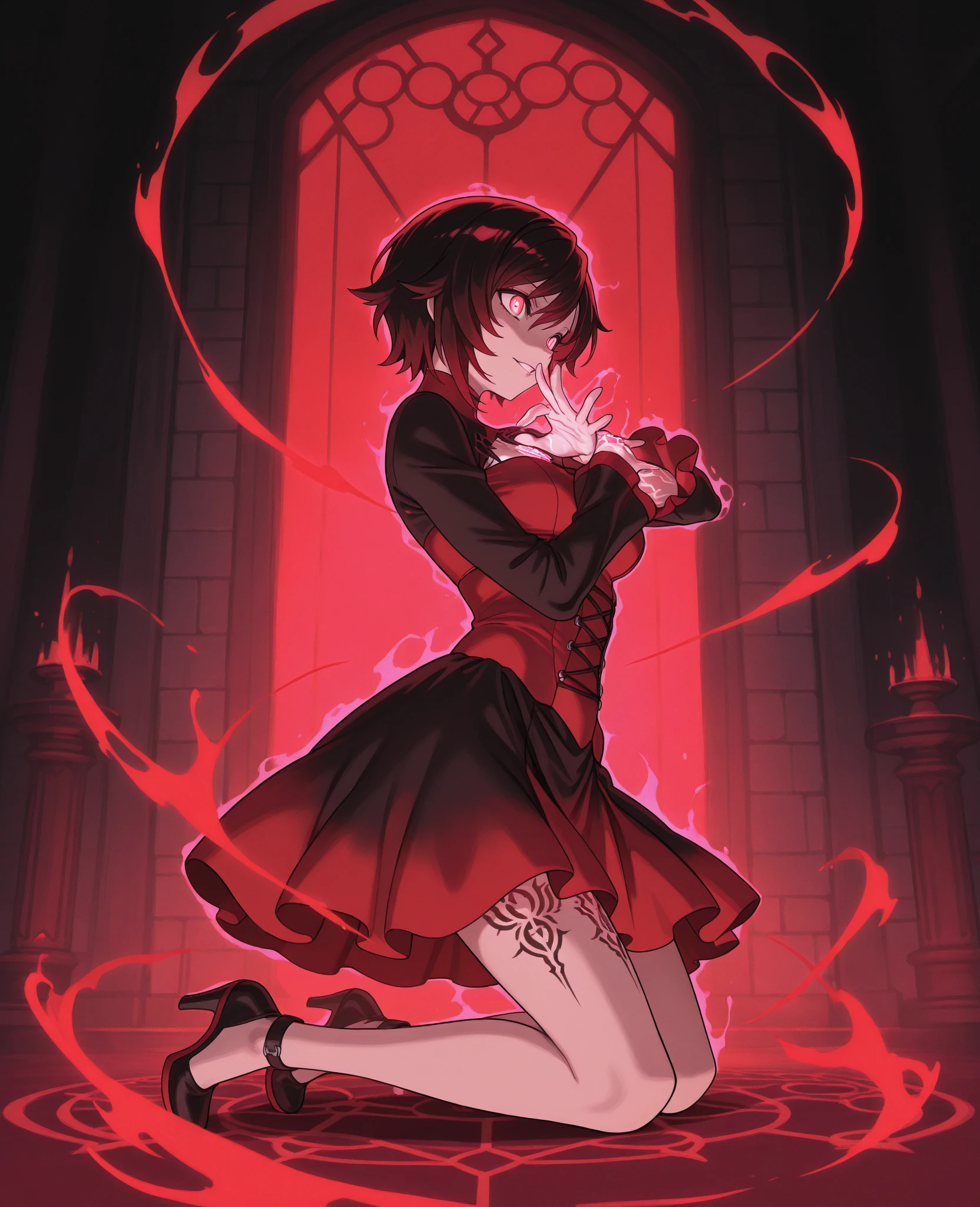 Black dress, dark hair, heels, dark eyes , a rose in her hand , rose flowers around , rose petals fly in the air , sun , black panties with a rose pattern , stockings , 8K best graphics best details 