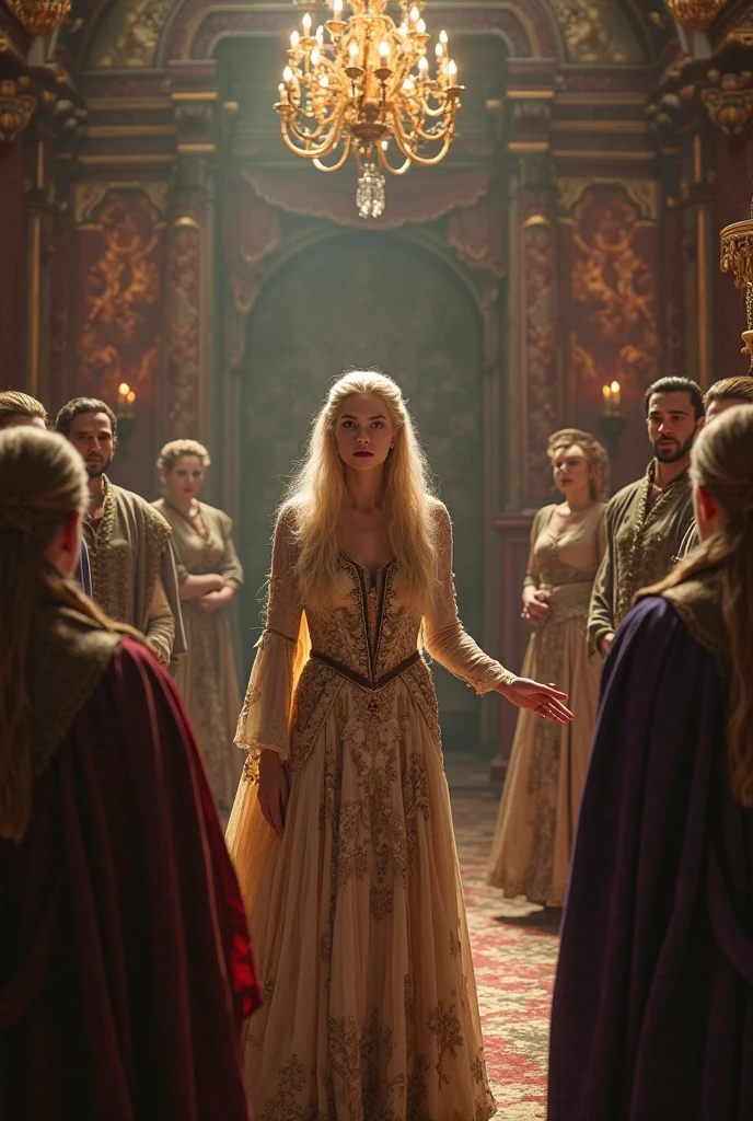 4-Thor disguised as Freyja, a god in a bridal gown, Norse mythology, wearing a white dress with Mjolnir hidden beneath, the hall of the giant Thrym, tricking his enemy during the wedding feast, with feasting giants in the background, medium shot, hyper-realistic, photo realism, cinematography --ar 9:16