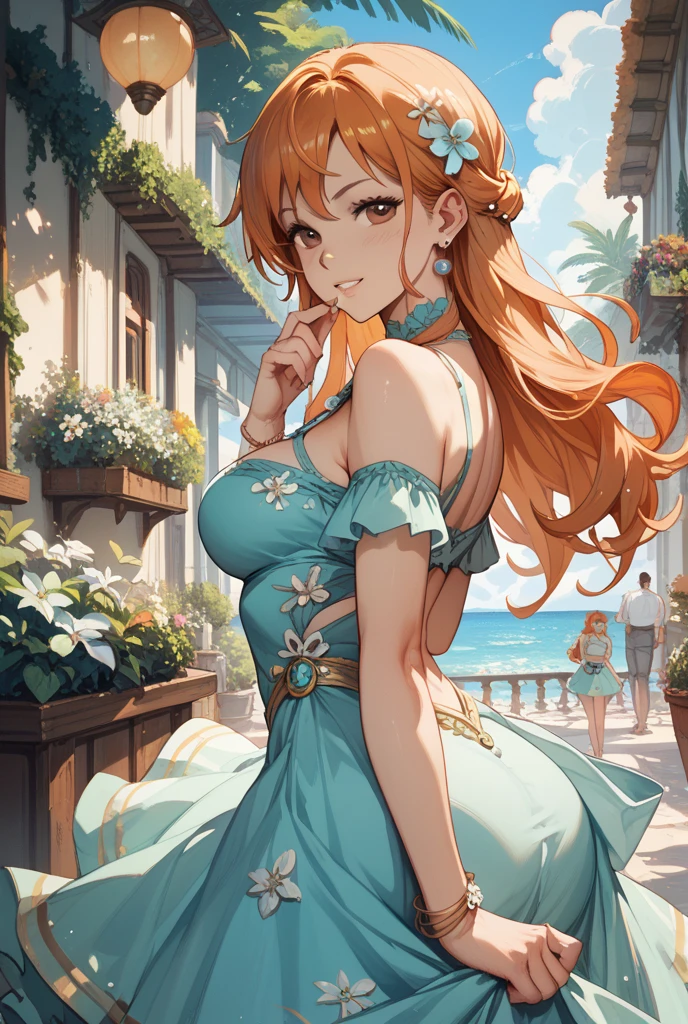 (masterpiece:1.2),(best quality), (ultra detailed), (8k, 4k, intricate,(cowboy1.2), (highly detailed:1.2),(detailed background),detailed landscape,(portrait),neolight flower, outdoors, sky, day, water, tree, window, plant, scenery, stairs, door, house anna, 1girl, solo, smile, blue eyes, red hair, bondage leather, jewelry, bare breast, small bust.