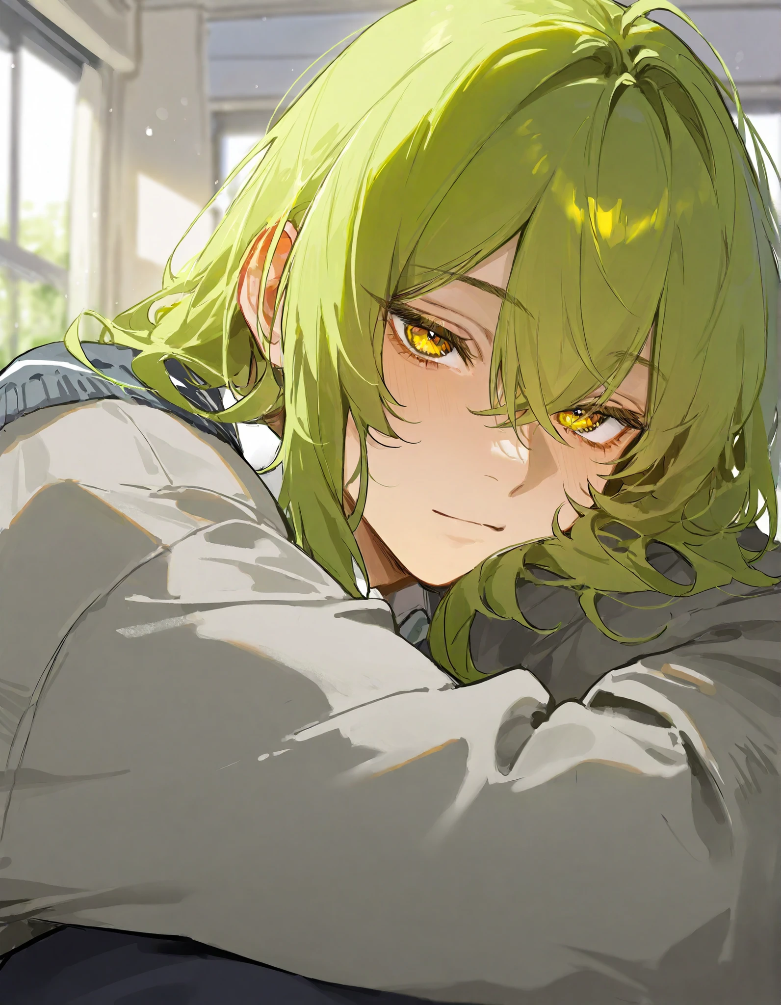 masterpiece, top quality, very aesthetic, Very awa, very high resolution without changing the composition, Newest, Absolutely Eye-Catching,Very Detailed, male,Yellow-green hair,Golden Eyes,student,school,uniform,gray cardigan,gentle face,muscular,I love you ,solo