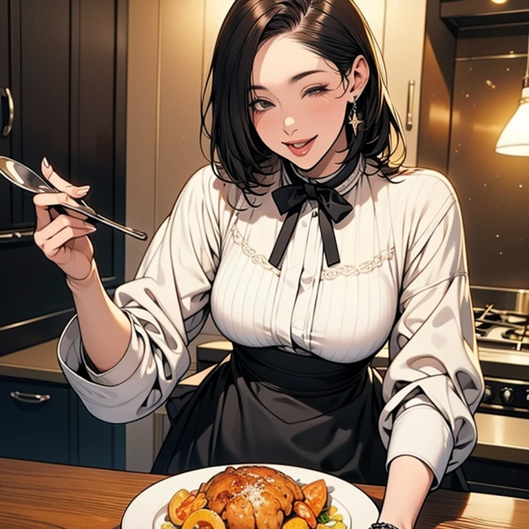 holding food on a plate、Biologically correct five fingers、mature female、big breasts, Upper Body, (pale skin:1.2), shiny skin, shiny hair、(A woman in her 40s) and (bob cut) and (wavy hair) and (hair between eyes) and (black hair) and (red eyes), (white) and (off shoulder blouse) 、smile, Alone、Are standing、In the background is a living room with food on a table、