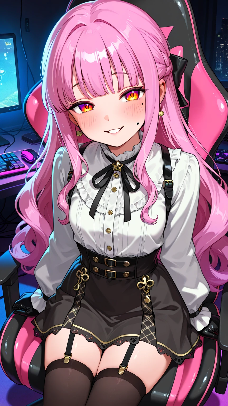 masterpiece, high quality, Devil Girl, Long blonde hair,tooth,Yellow Eyes, Sitting on the throne, Surrounded by books on the floor, Rebel Outfit, Transparent skirt, Details Top, chain,