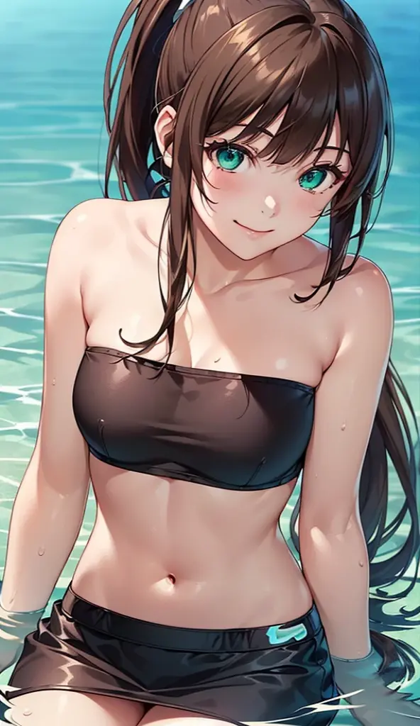 best quality, high resolution, distinctive picture, 1woman, bikini, pool, wet, small breasts, dark ponytail with bangs hair, choker, white skin, brown eyes