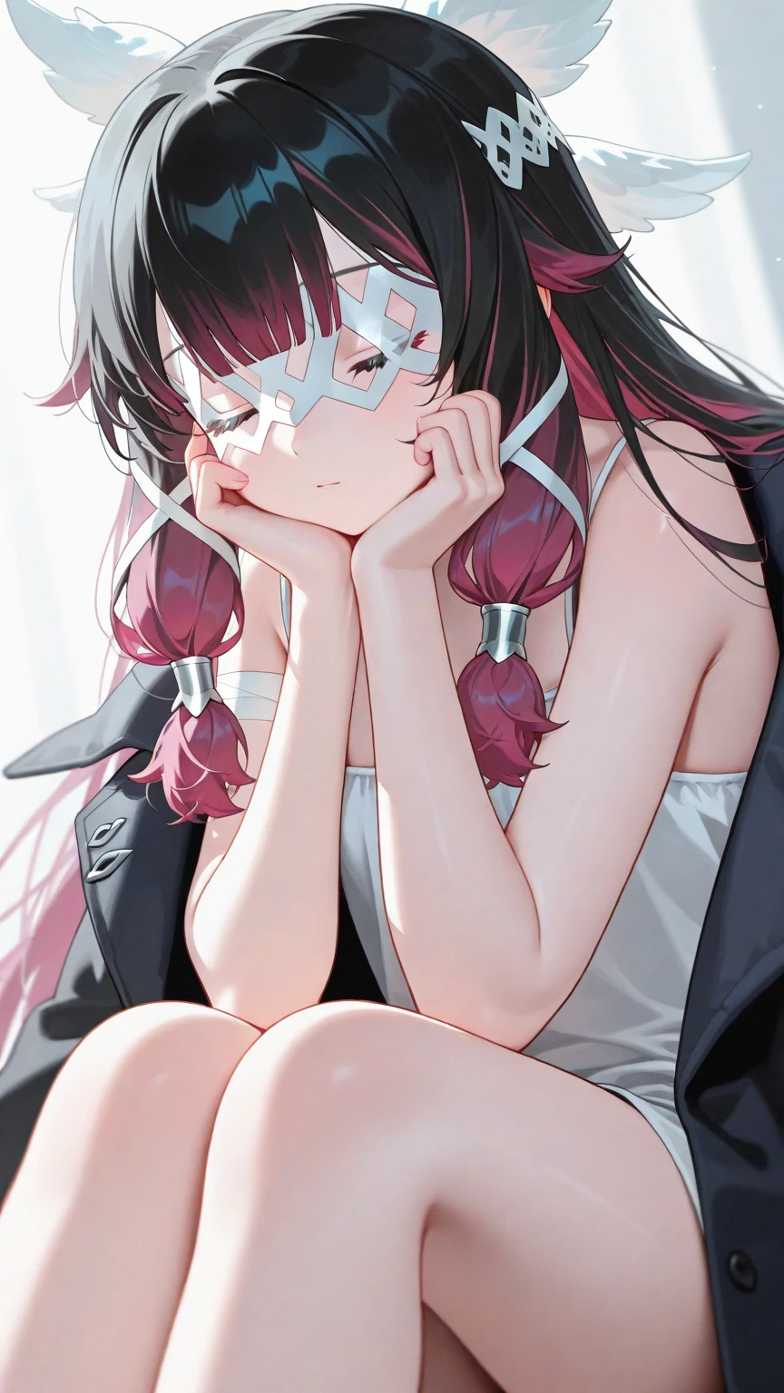 A beautiful girl with twin tails is crying as she holds her hands over her chest and worries about her flat chest.