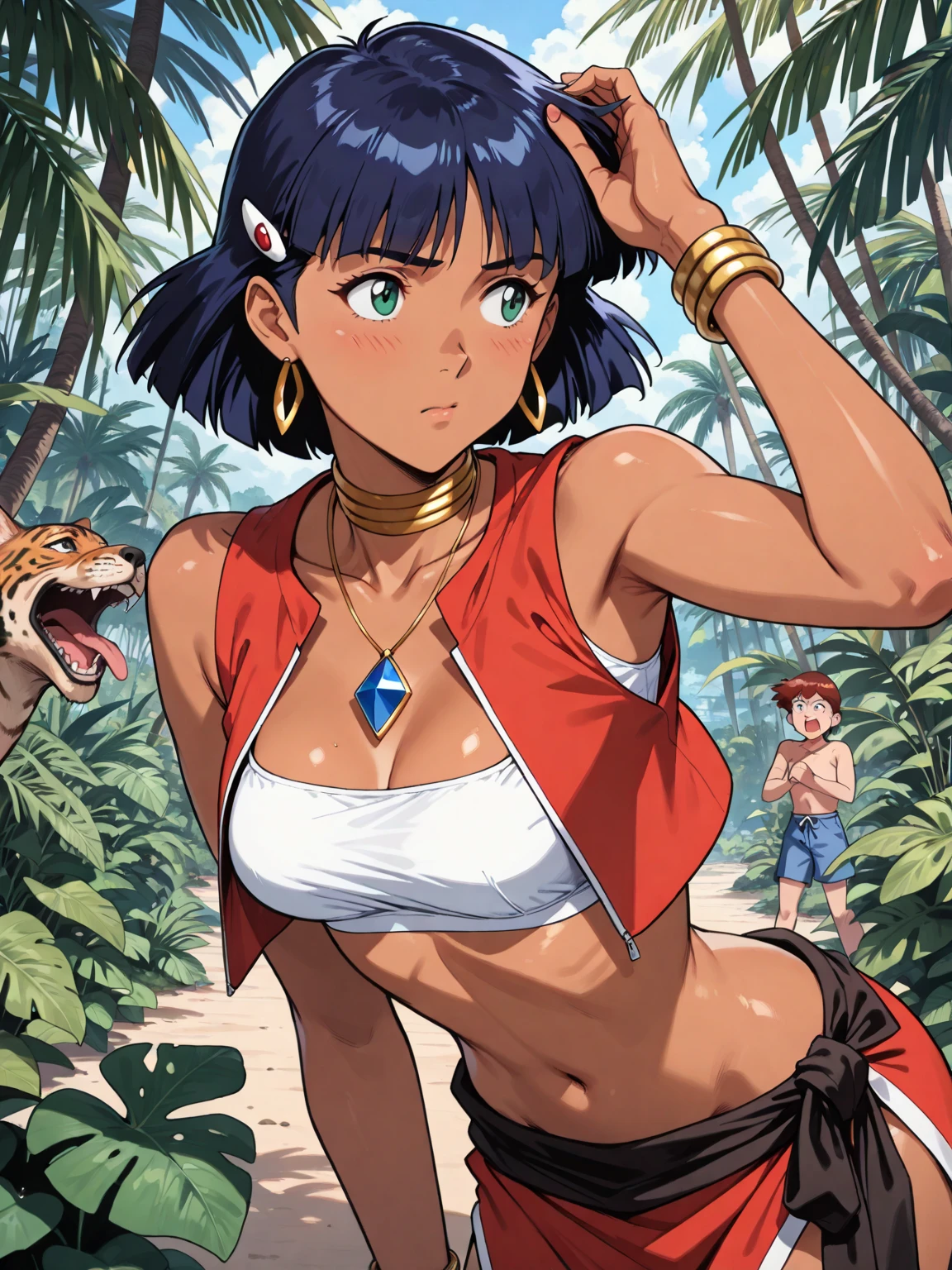 Monica, with her amazing figure, is standing there glaring at us in a leopard print bikini.。