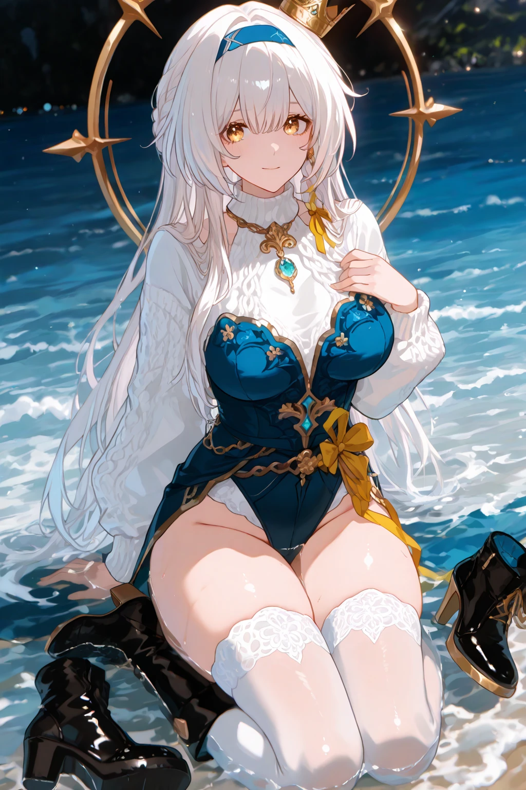 whaite hair，Have by the sea，Golden eyes，pretty eyes，long whitr hair，Short white robe，The barefoot，Step on the sand，Light enhancement，White skin，Anime shoujo，with dynamism，The chest is large，The head has a hair card，Step on the sand，Anime boutique，long eyelasher，The barefoot，Pink feet，the witch，Magic textures，Simple short robe，anime big breast，hyper HD，hyper-detailing，Beach by the sea，Tempting