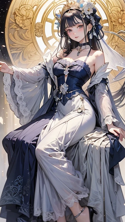 The city outside the window,(gray hair:2.0),Slender high straight ponytail,gold headband,Standing close-up,dream world,Mature lady,(Slender blue phoenix eyes,lipstick,long eyelashes),long eyelashes,Contact lenses,gemstone gold necklace,(Off-the-shoulder black fur dress,fur tube top,Plush tube top,fur strapless,wide cuffs,Long skirt,belt:2.0),fur tube top(big breast)ballroom background,(soft light and shadow:1.9),fur high heels,black stokings,Detailedly drawn backgrounds