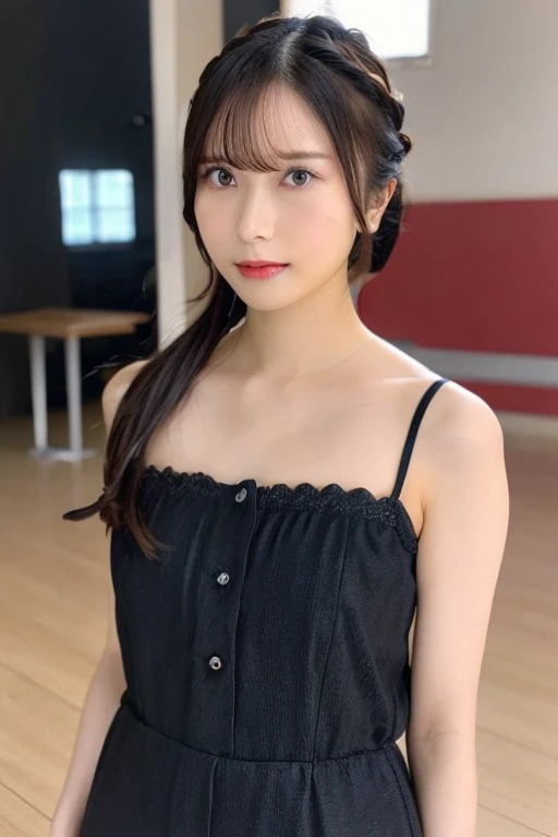 1 girl,(Wearing a dark blue short-sleeved tank top:1.4),(original photo, best quality), (Practical, Practical:1.4), On the table, Very refined, 非常detailed, 2k wallpapers, wonderful, detailed, 非常detailedなCGユニティ8K壁紙, 非常detailed, high resolution, Soft Light, Beautiful and delicate girl, 非常detailed目と顔, Beautiful and delicate nose, Pretty and beautiful eyes, Dark pink lipstick, Normal chest, Cinema Lighting, Spring Green Park, Perfect anatomical structure, slim body, Smile, Long straight hair, ((Randomly oriented bodies)), Face looking at camera, 28 years old,