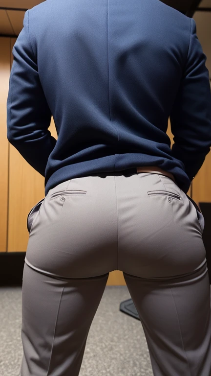 ((photo realistic)), (((one men only in the picture))), 20 years old young beefy bulky good looking Mexican Jose Antonio in policia uniform looking back, short haired, back arched, he is wearing dark blue slacks pants and white shirt ((unrealistic super big tight butt)), ((tight pants)), medium shot taken from behind, back - shot, rear-shot, ((Low angle))
