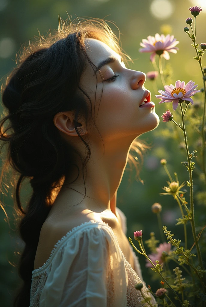 Professional art photo shoot , nu. эстетика, красота и грация женского тела.
The picture shows a girl with long black hair, holding a flower . Her hair is decorated with another flower . she stands at full length , and a close-up of .
On the grass, you can see dew , in her hands and wildflowers in the background .