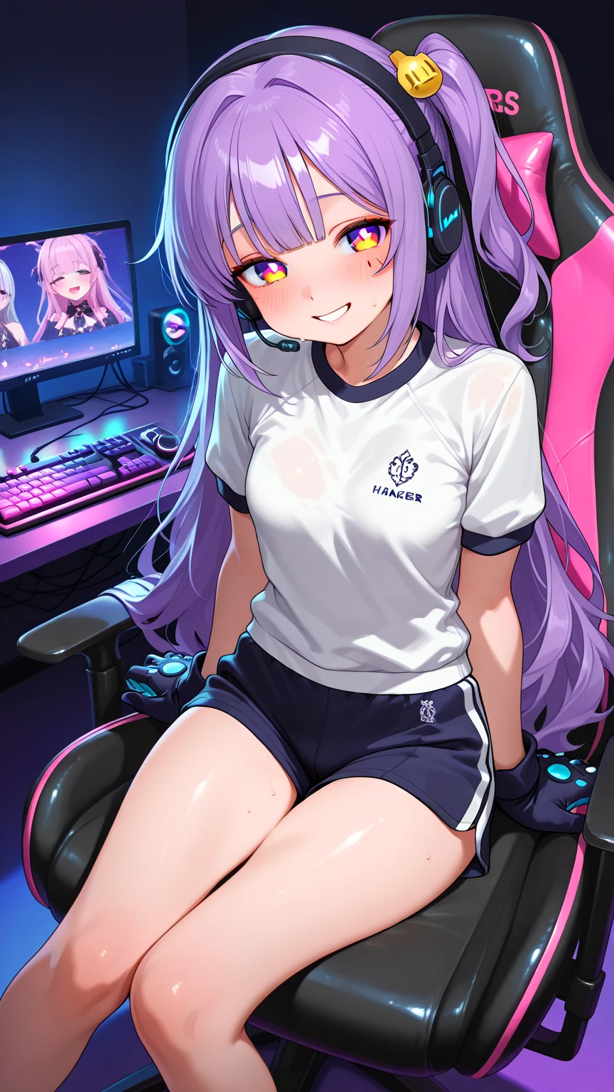 [Teen girl]+[white long hair]+[purple eyes]+[medium breasts]+[white t-shirt]+[long white socks]+[black headphones]+[sitting in a gamer chair]+[beautiful face]+[gorgeous face]+[hot body]+[gorgeous body]+[streamer]