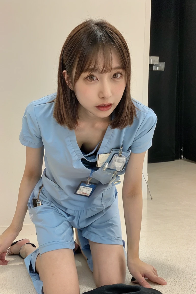 nsfw, ((highest quality, masterpiece)), highly detailed face and skin texture, photorealistic, Japan doctor, white lab coat, stethoscope, white skin, double eyelids, dark brown bob hair, yawning: 1.5, squat M-legs, angle from directly above, background is hospital examination room