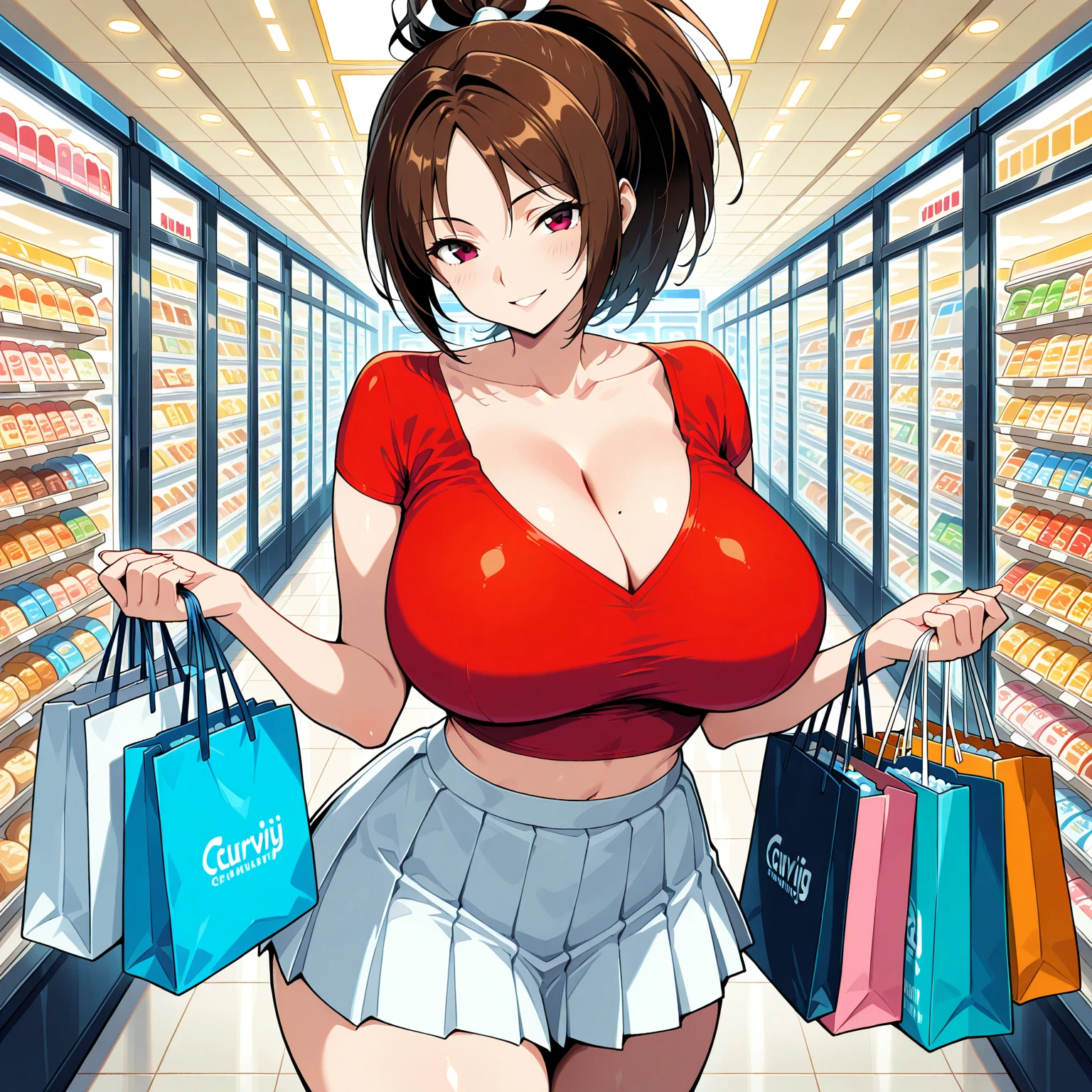 Sexy latina woman, wearing (short skirt) with a (diaper) bulge, beautiful shirt, pleasure, (colorful), fantasy, (magic), ((magical fog)), mature, (big breasts), wide hips, blushing, blonde, big lips, bimbo, long lashes, (public), (at the mall), ((mommydom)), ((topless)), ((arcade))