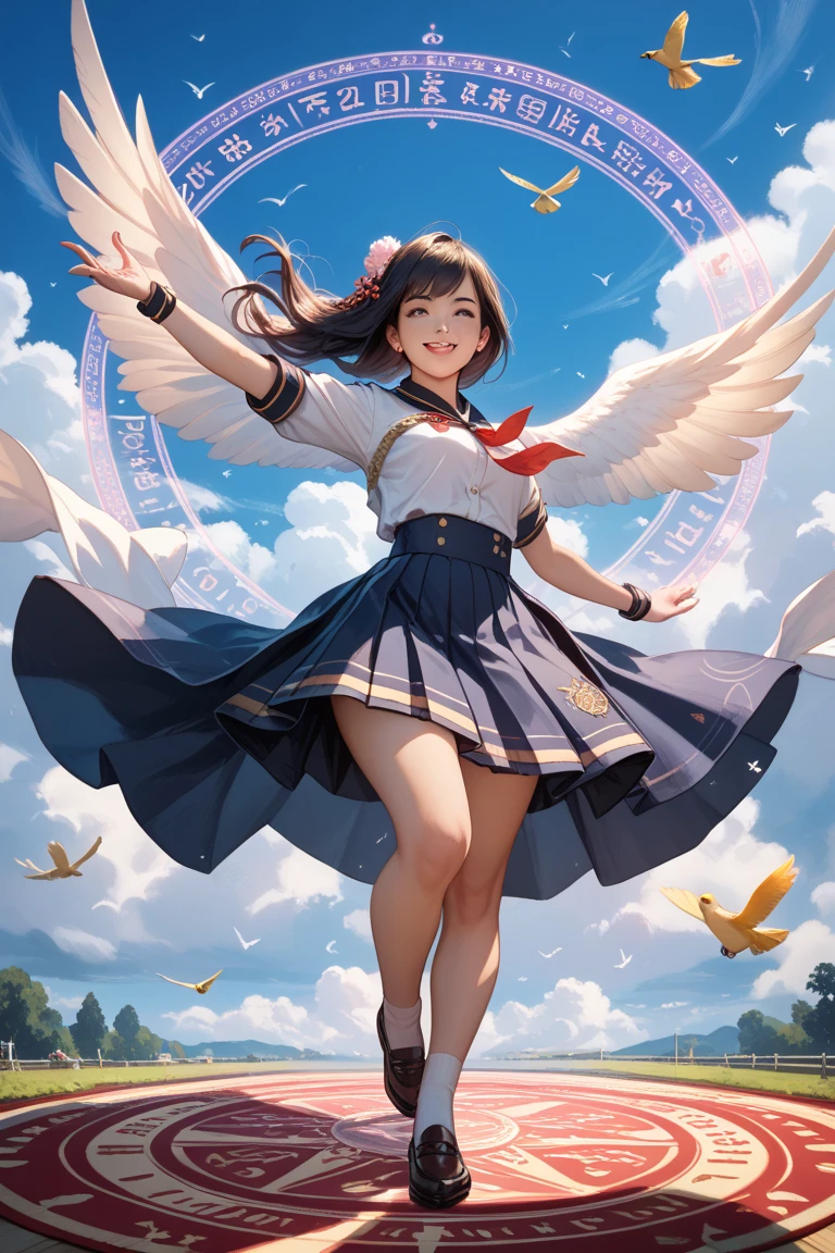 tmasterpiece，Best quality at best，High- sharpness，Cute girl flying over the clouds，Clouds，fly，jumpping，Fall，The right human body，Two legs，Two arms