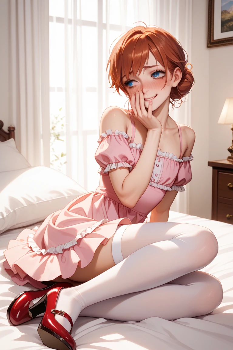 ((Biologically correct limb count)),(( From head to toe,Full-body photo including face)),4K,((Standing position)),masterpiece,((Focus on the face)),((Symmetrical facial features)),Eyes with detailed description,Beautiful woman,Great style,Beautiful arms,Beautiful legs,Beautiful Hands,(Small Ass,Thin thighs),Facial detailing,Small earrings,necklace,(Orange enamel maid outfit、mini skirt((Black high heels and stockings)),Realistic photo,Lie down in bed,Low angle photo,A little panchira,Petals are scattered all around、