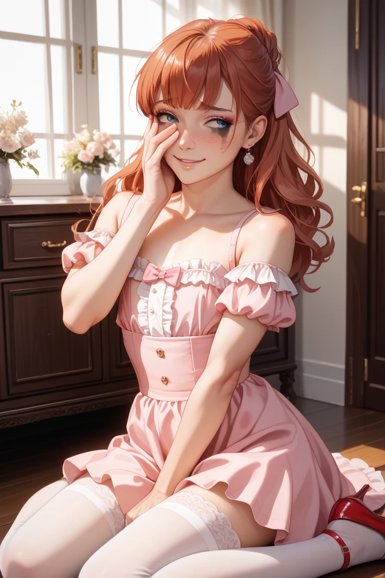 ((Masterpiece)), (High Definition:1.3), (Professional Photography:1.2), best quality, 8K, Textured skin, cinematic lighting, 1girl, wide-shot, (Cute innocent teenage girl), slendar and small breast, very messy medium hair, Wearing lolita pink dress, (undress naked shoulder), blush and smile, cat ears, pale brown hair, (cute posing in the hotel room)