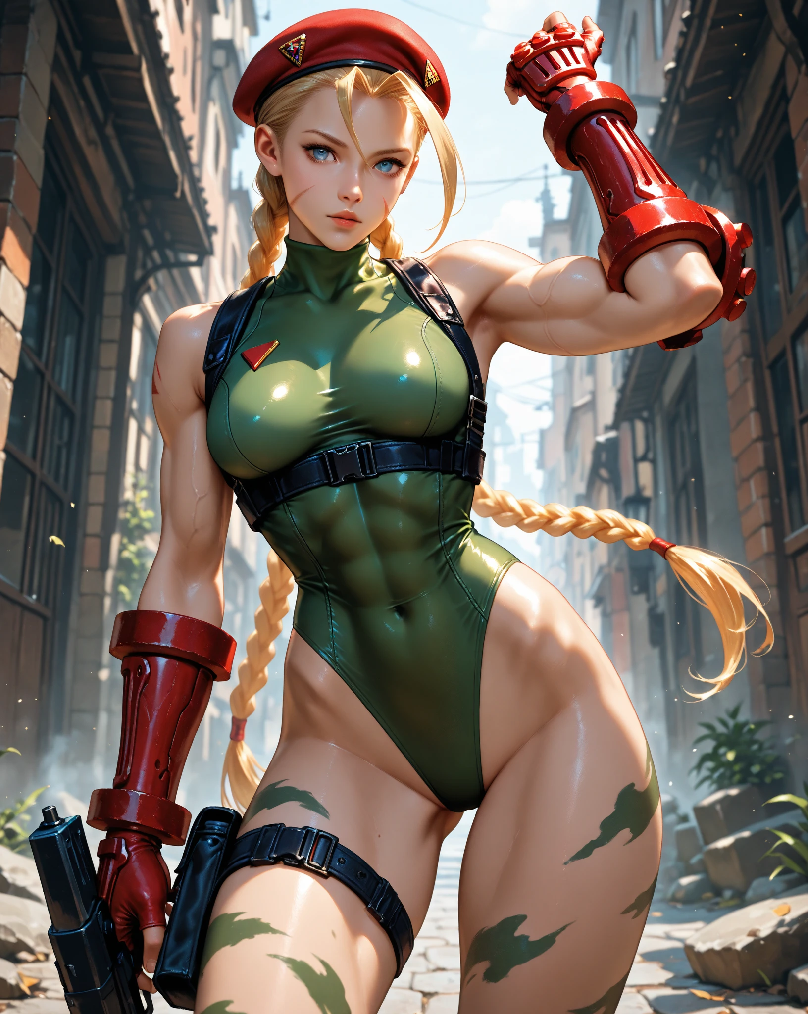 ((Cammy from street fighter (long blonde twin braids hairstyle) (dark eyeshadows make up)((big breasts)) (perfect slim body) (wears dark green leotard, red gauntlets, red beret, black military boots) ((showing armpits and pussy half naked)) sexy look.