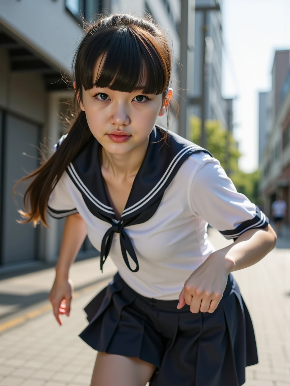 ((highest quality, masterpiece :1.3)), Photorealistic、Ultra-high resolution、Natural skin texture、Hyperrealism、Photograph from the knee up、15 year old Japanese beautiful girl、Twin tail hair、well-shaped breasts、White collared shirt and tie、mini skirt、Frightened expression